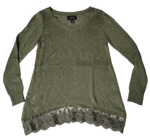 Confess Womens L Olive Green Knit Sweater Lace Hem Long Sleeve Boho Tunic